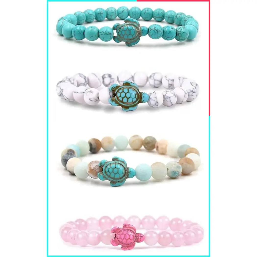 4pcs Sea Turtle Beads Bracelets Set, Elastic Natural Stone Stretch Lava Bracelet Anklet for Women Men, Supports Sea Turtle Conservancy, Friendship Couple Turquoise Bracelets