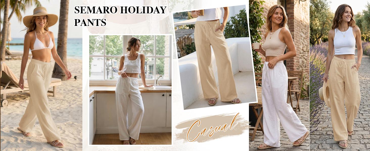 Womens Casual Linen Wide Leg Pants Flowy Drawstring High Waist Palazzo Beach Vacation Trousers