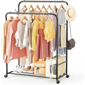 Rods Clothes Rack for Clothes, Rolling Clothing Rack with Wheels, 6 Side Bars Garment Racks for Bedroom Laundry Living Room