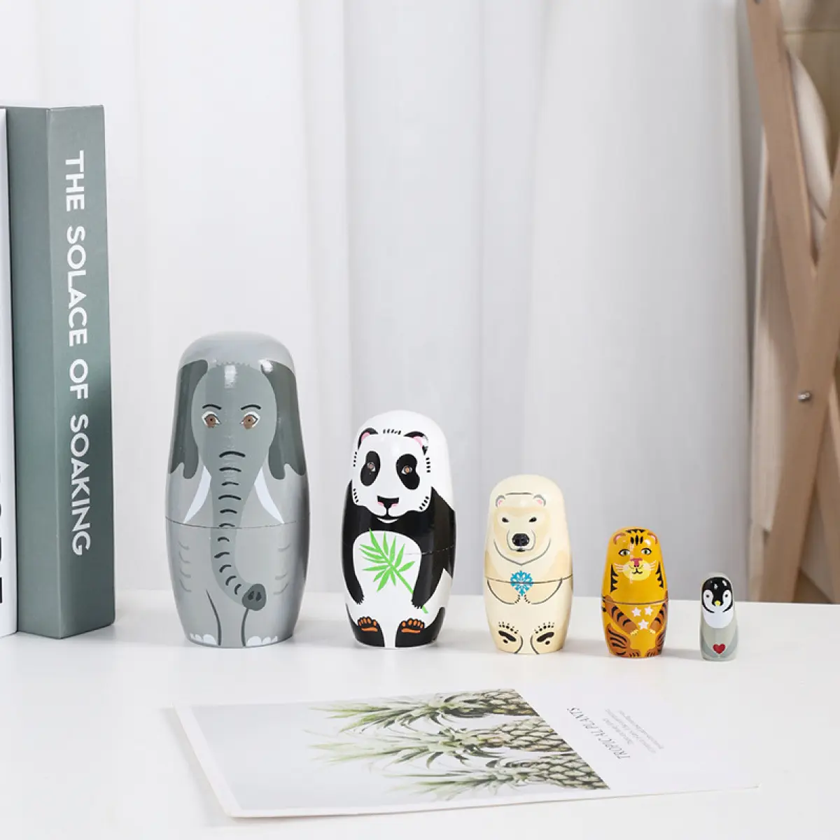 5-Layer Animal Russian Nesting Doll - Lotus Wood Carved & Painted Ornament, Wooden Handicraft Toy for 3+ Years Old Kids, Home Decoration Birthday Gift
