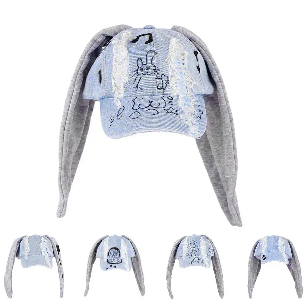 New MinJi Haerin OMG Stage Long Rabbit Ear Hat Y2K Style Denim Blue Baseball Cap Fashion Hip-Pop Cap Couple Birthday Gifts