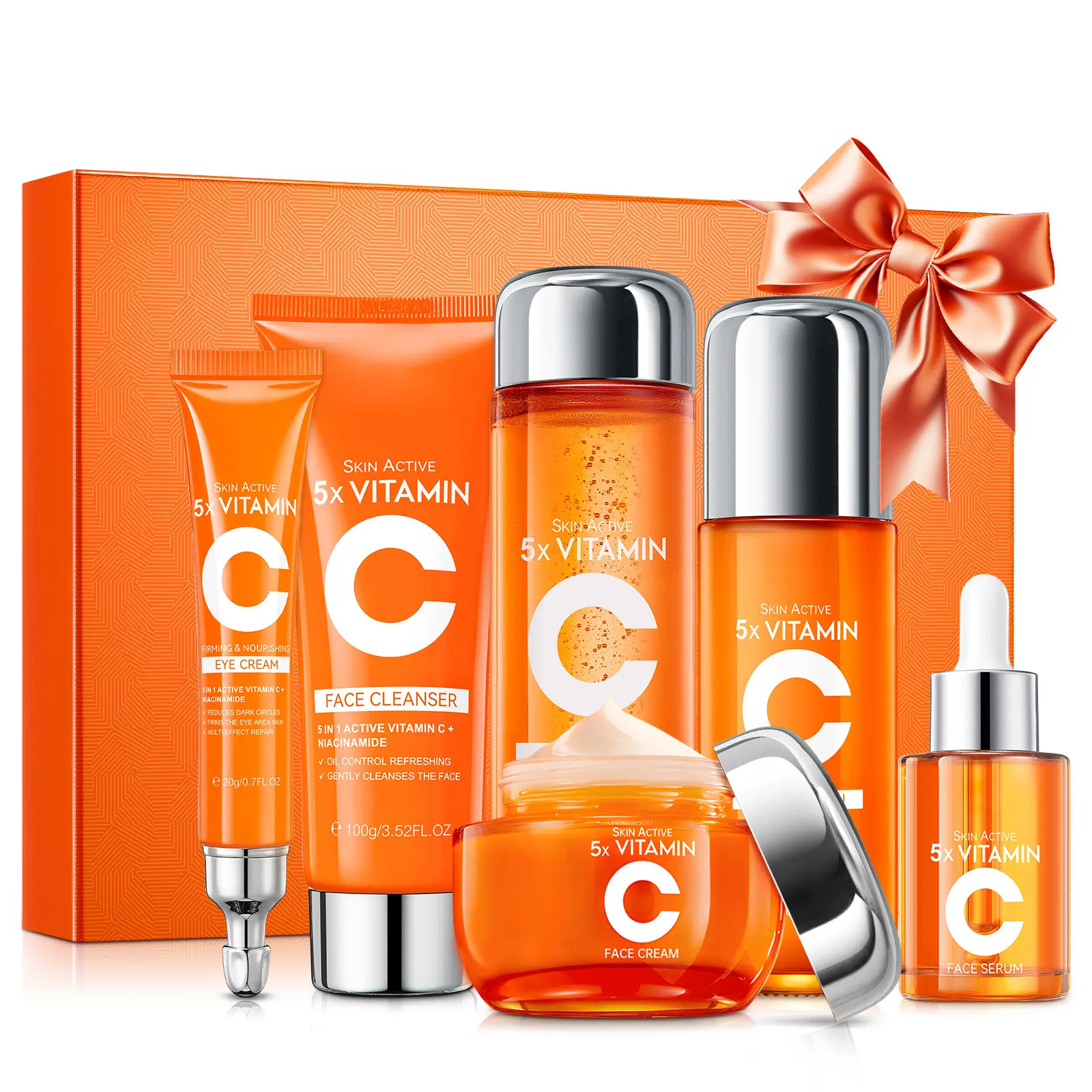 6-Piece Vitamin C Skincare Set for Daily Routine - Comprehensive Kit with Anti-Wrinkle Creams & Serums for All Skin Types