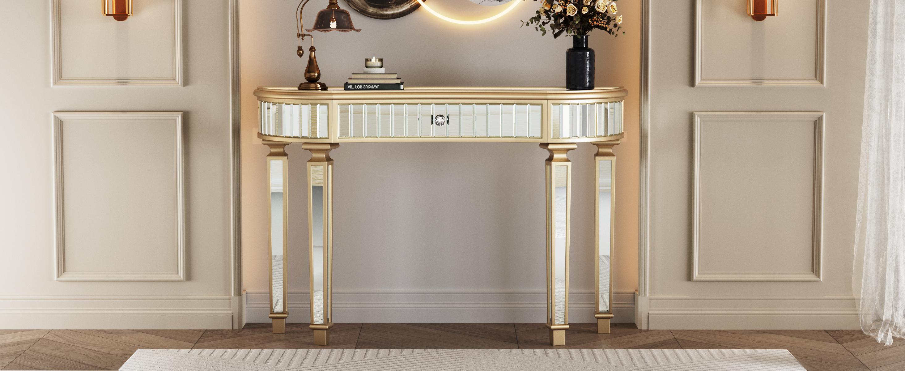 47" Half-Moon Mirrored Console Table with Fluted Glass & Crystal Knob Drawer - Silver Entryway Vanity Desk for Bedroom/Dressing Room(Gold+Sliver) 47" Half-Moon Mirrored Console Table with Fluted Glass & Crystal Knob Drawer - Silver Entryway Vanity Desk for Bedroom/Dressing Room(Gold+Sliver)