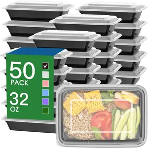 50 Pack (100-) 32 oz Meal Prep Containers  with Easy Open , Sturdy Leakproof  Safe, Microwave Freezer Dishwasher Safe, To Go Take Out Plastic  Storage Pans with , Black