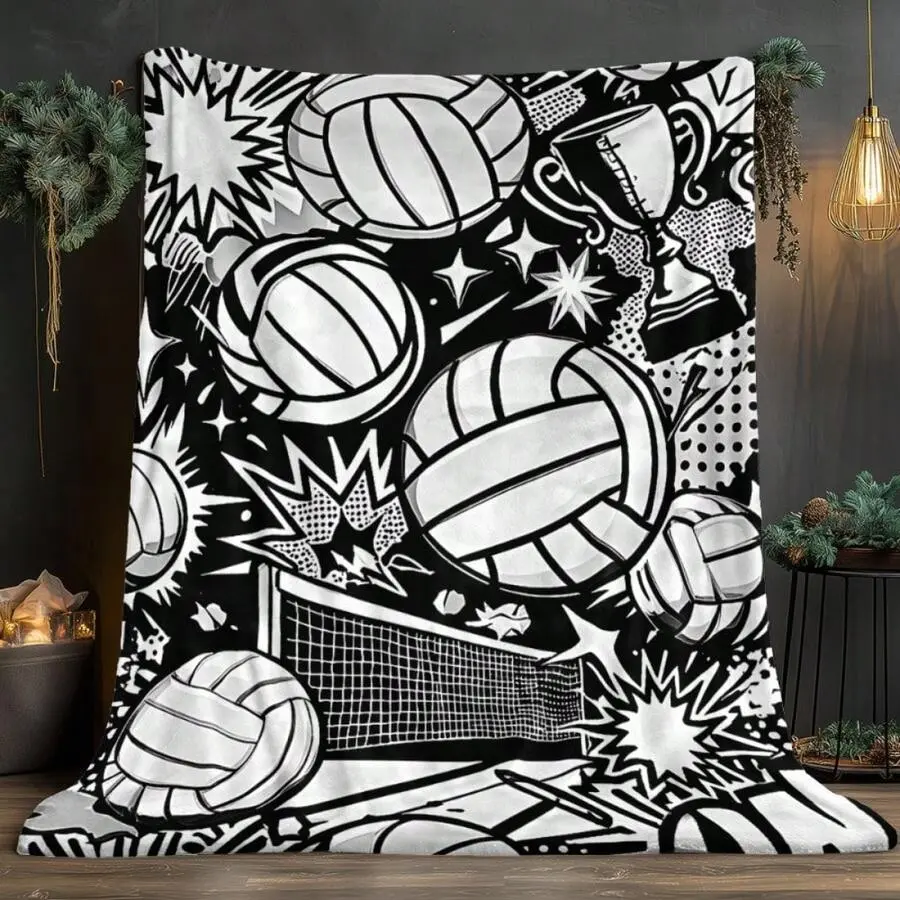 Volleyball Comic Pattern Throw Blanket Mid Century Modern Abstract Anti-Pill Microfiber Printed Throw – Premium Artistic Style