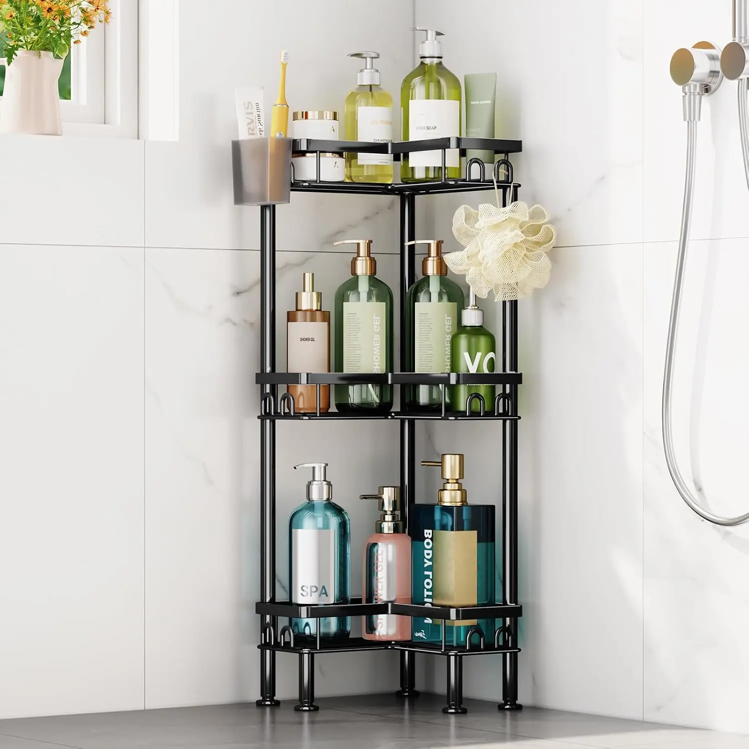 Standing Shower  Corner - 3 Tier Corner Shower Organizer with  Holder and 12 Hooks, Large Capacity Rustproof Bathroom Shelves for Tall Bottles, Black