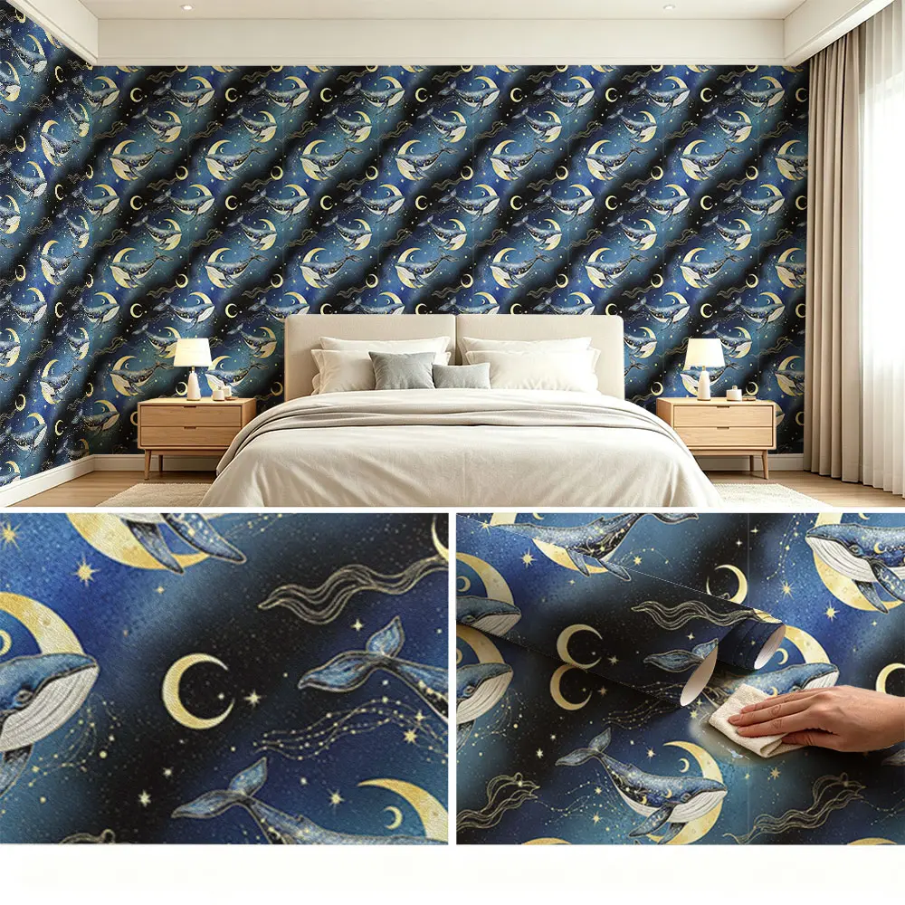 Watercolor Whale Theme Wallpaper, Gold Moon and Stars Pattern, PVC Sticker for Kitchen/living Room/bedroom, Easy Peel and Stick