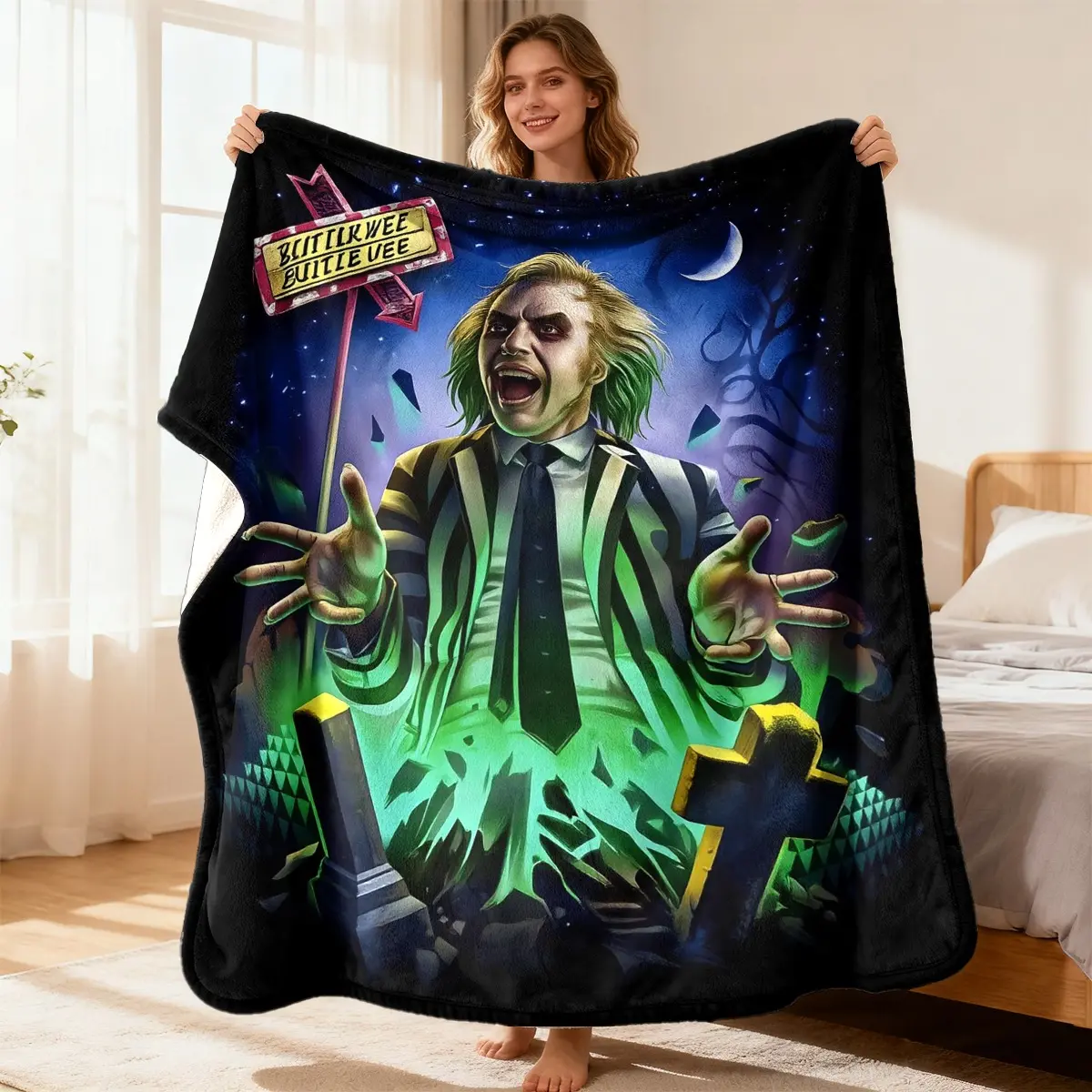 Beetlejuice Graveyard Night Cemetery Flannel Throw Blanket Beetle Juice Horror Comedy Movie Warm Blanket Gift Beetlejuice Fans All Ages
