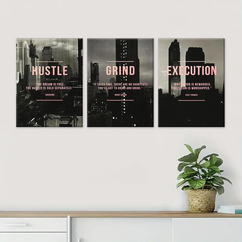 Wooden Framed Canvas Painting, 3 Counts/set Urban Inspirational Letter Decorative Painting, Modern Art Poster for Office Home Dormitory Dining Room Bar, Wooden Wall Art