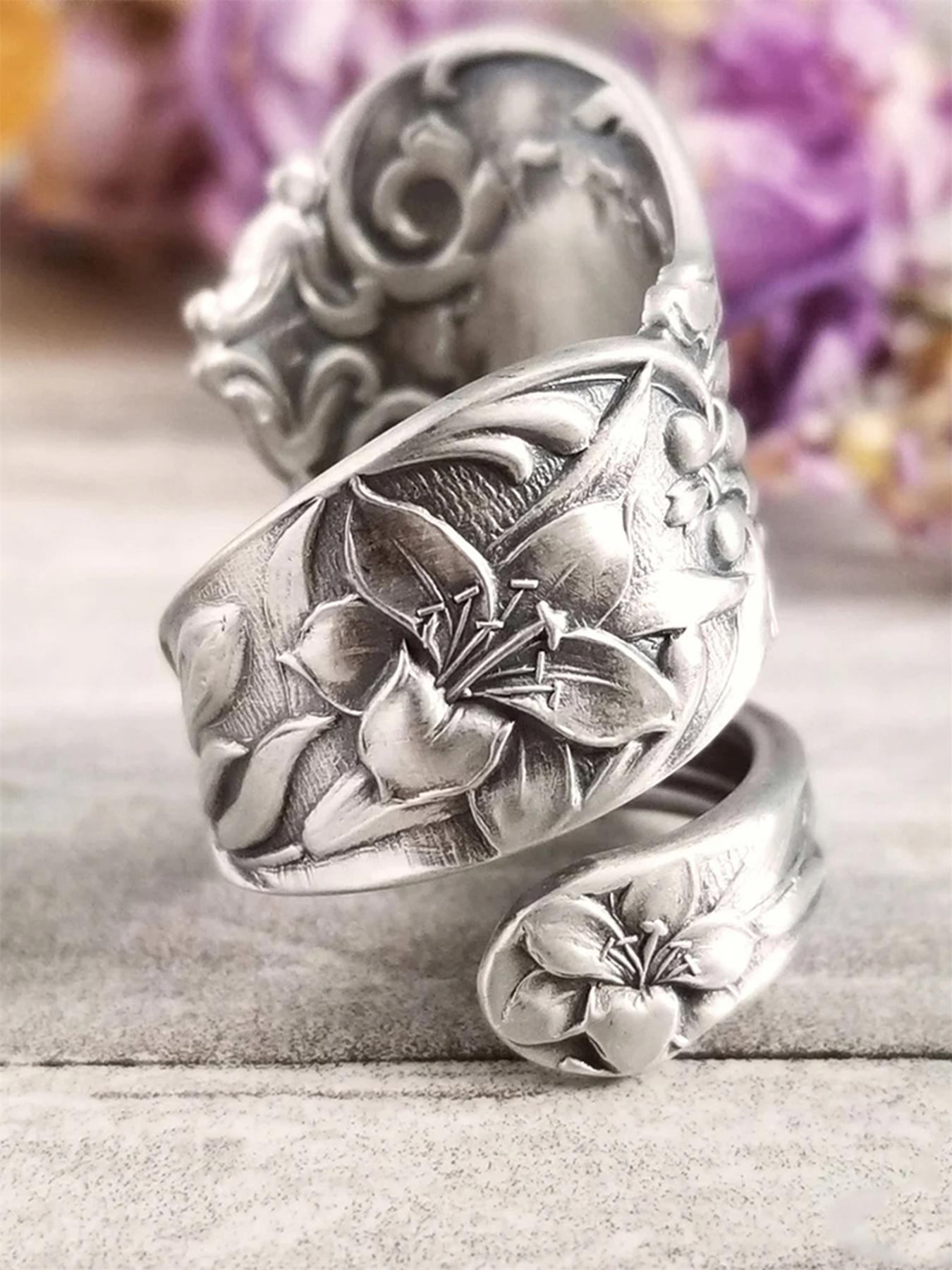 Mother's Day Gift Flower Engraved Copper Ring, Vintage Spoon Ring, Fashion Jewelry for Party, Daily Clothing Decor, Trendy All-match & Exquisite Wedding Party Jewelry Gift