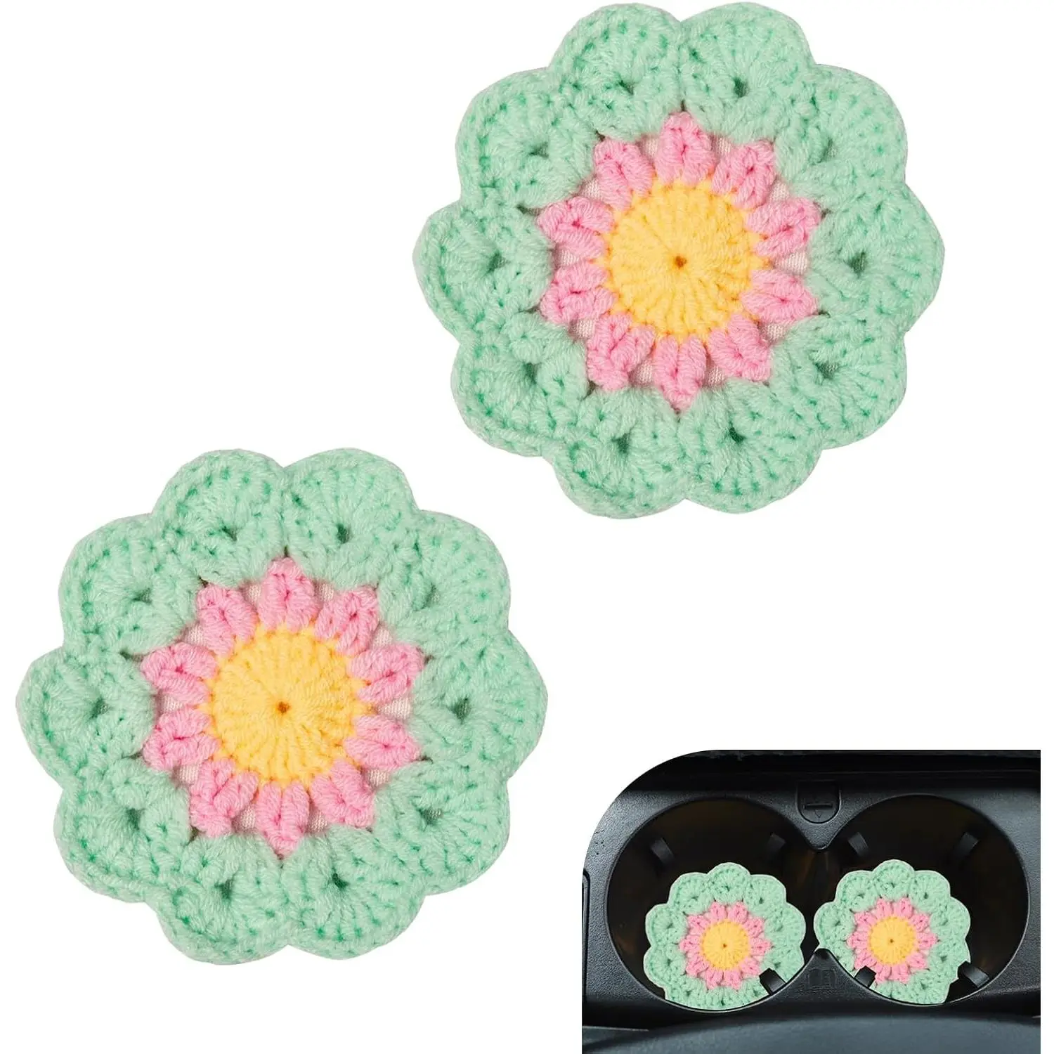 2 count 3.94" Macrame  Coaster, Bohemian Flower  Woven Cup Holder Pad, Non-Slip Heat Resistant Auto Cup Mat,  for   SUVs (Green)