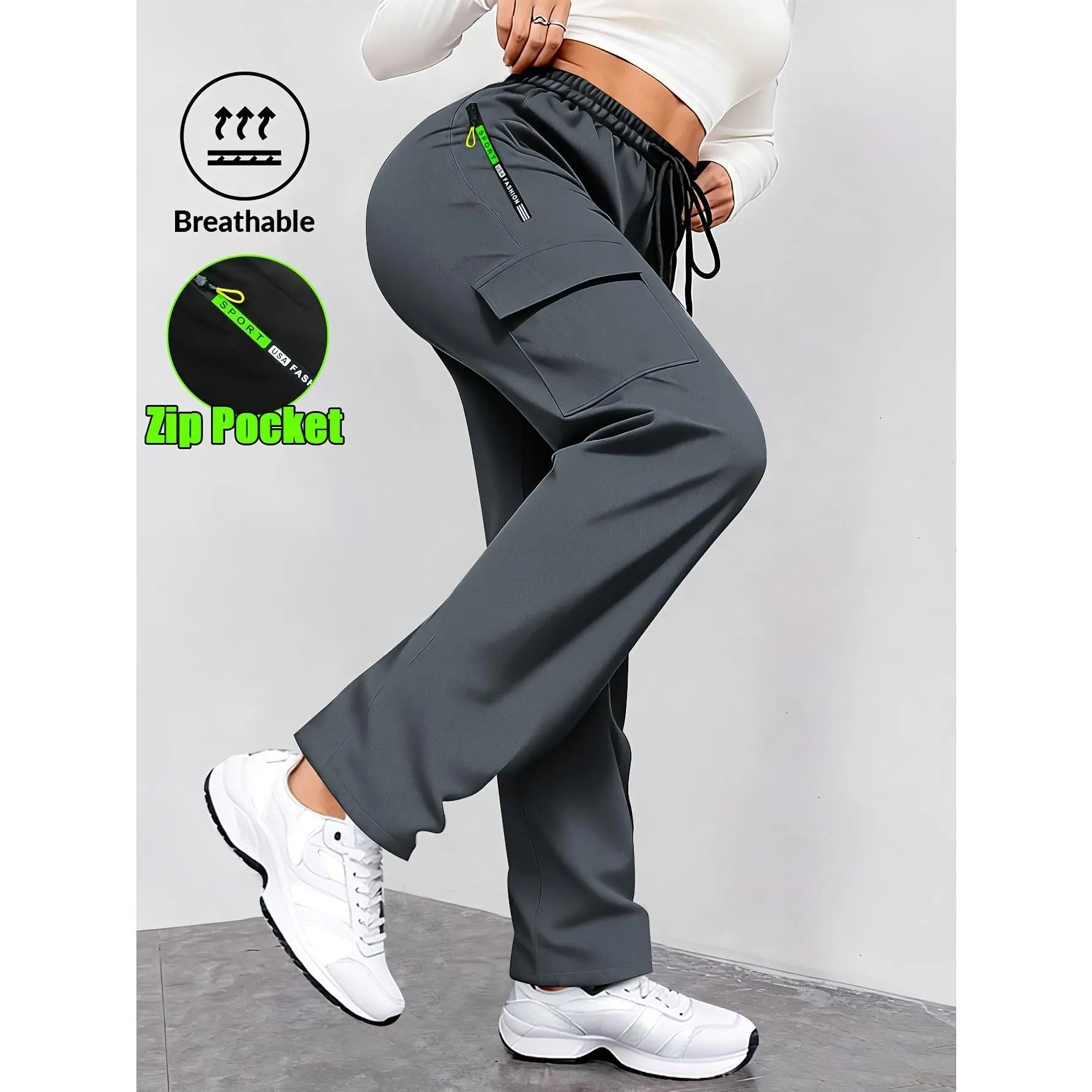 Summer Women's Lightweight Green Cargo Pants | Multiple Pockets + Adjustable Drawstring Waist | Breathable Non-Stretch Fabric for Gym & Streetwear