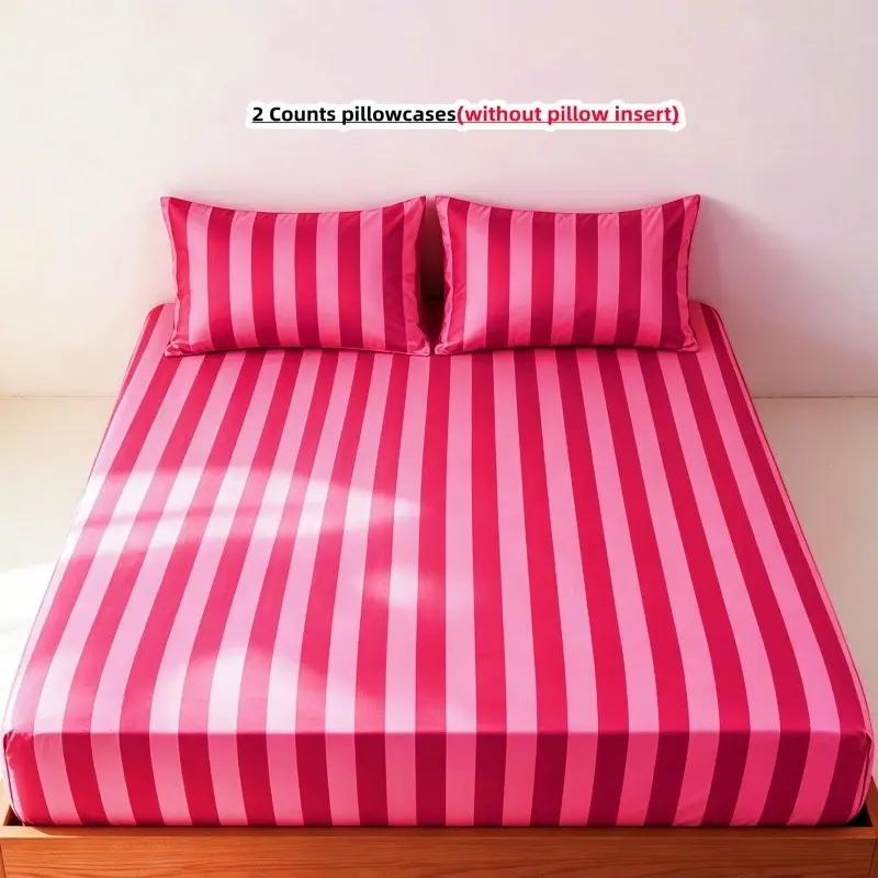 3-Piece Hot Stripe Fitted Sheet Set, Includes 1 Fitted Sheet & 2 Pillowcases,without pillow insert, Striped Fitted Sheet, Soft & Breathable Mattress Protector