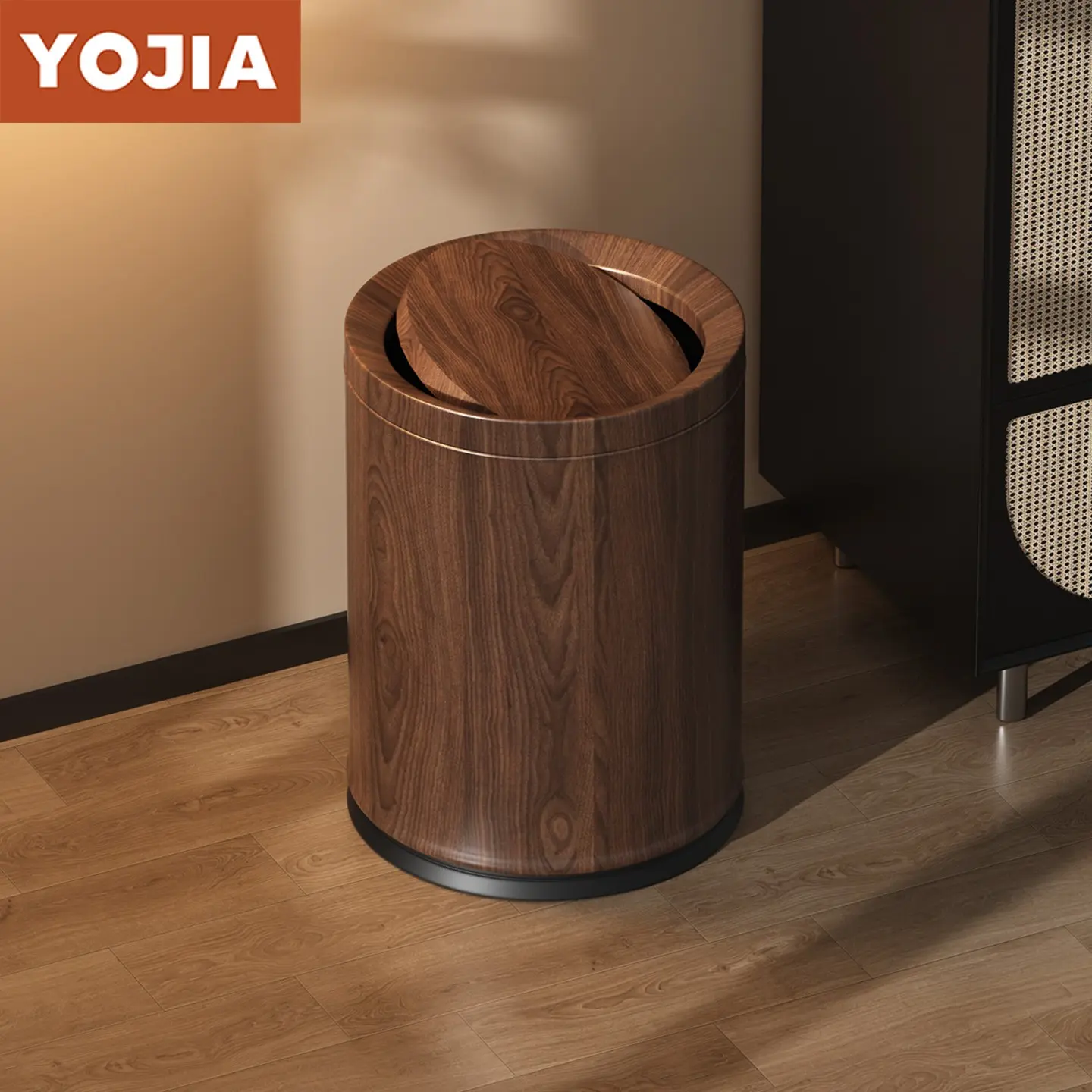 2.38 Gallon Walnut Finish Trash Can with Lid, Flip-Top Design, Quiet Close, Durable Structure, Ideal for Bathroom, Bedroom, Living Room, Office