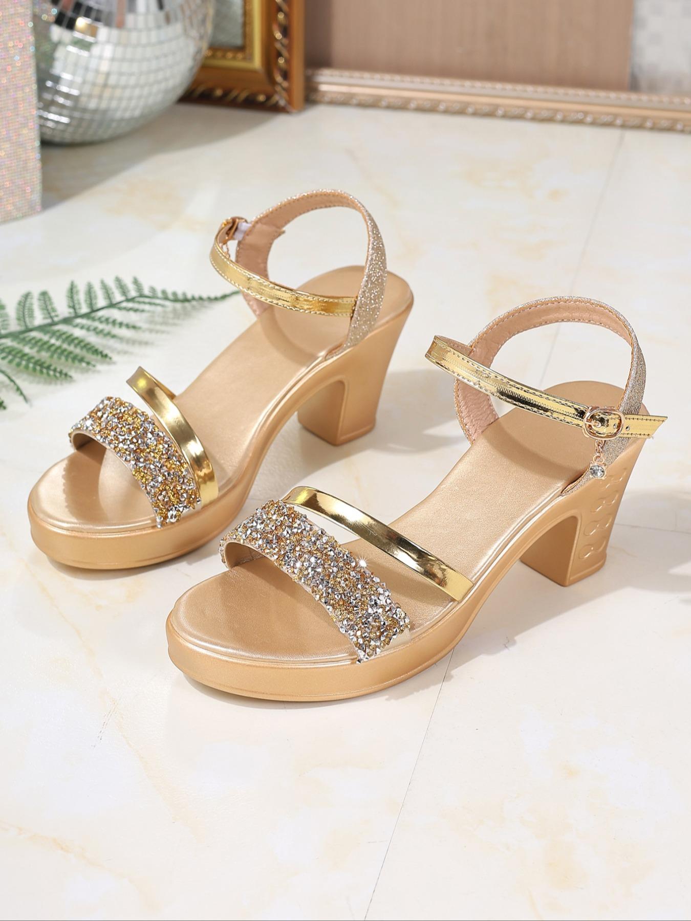 Women's Fashionable Glitter Decorated High Heel Sandals, Elegant Square Toe Sandals for Party, Daily Clothing Decor for Women & Girls