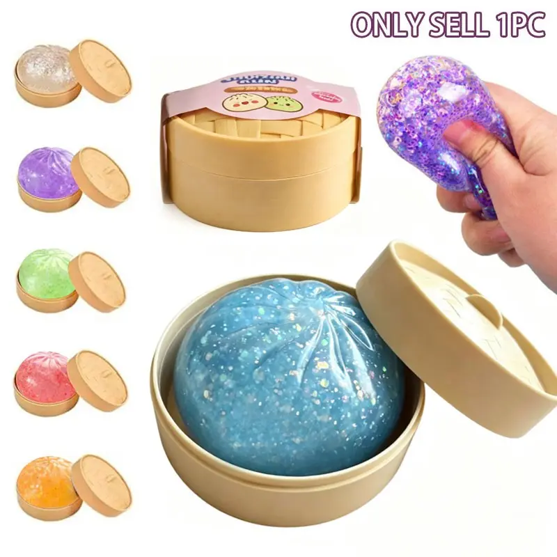 1-PC Large Size Baozi Squishy Stress Relief Ball (8.5CM/3.3 inch) – Colorful glitter squishy toy in a steamed bun shape, slow-rebound stress-relief toy, creative prank simulation steamer basket stress ball.
