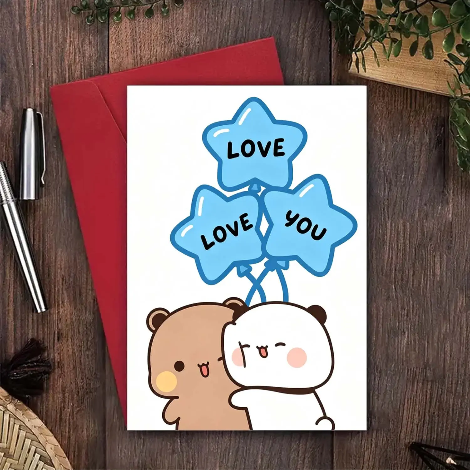 2Pcs (1cards + 1red envelopes) Cartoon Bear Hugs Greeting Cards Blue Stars Balloons LOVE YOU Valentine's Day Birthday Friends Family Suitable for All Holidays