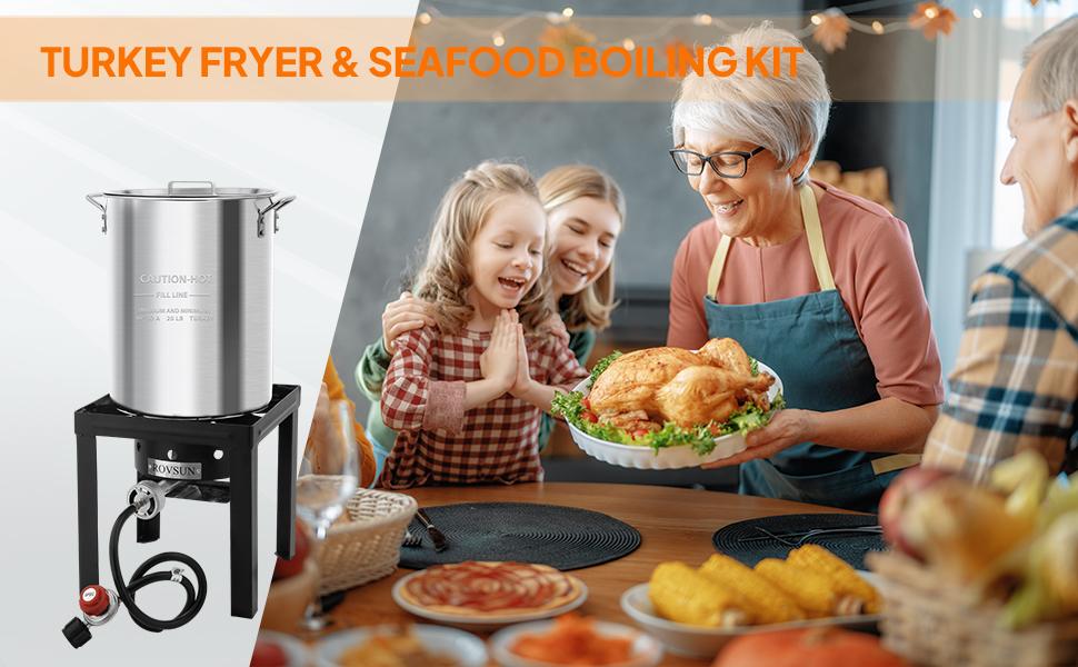 ROVSUN 30QT Turkey Fryer & 10QT Fish Fryer Kit w/ 55,000BTU Propane Stove, Aluminum Outdoor Deep Fryer & Seafood Boiler Steamer w/Baskets, Thermometer, Marinade Injector, Turkey Rack & Rack Lifter
