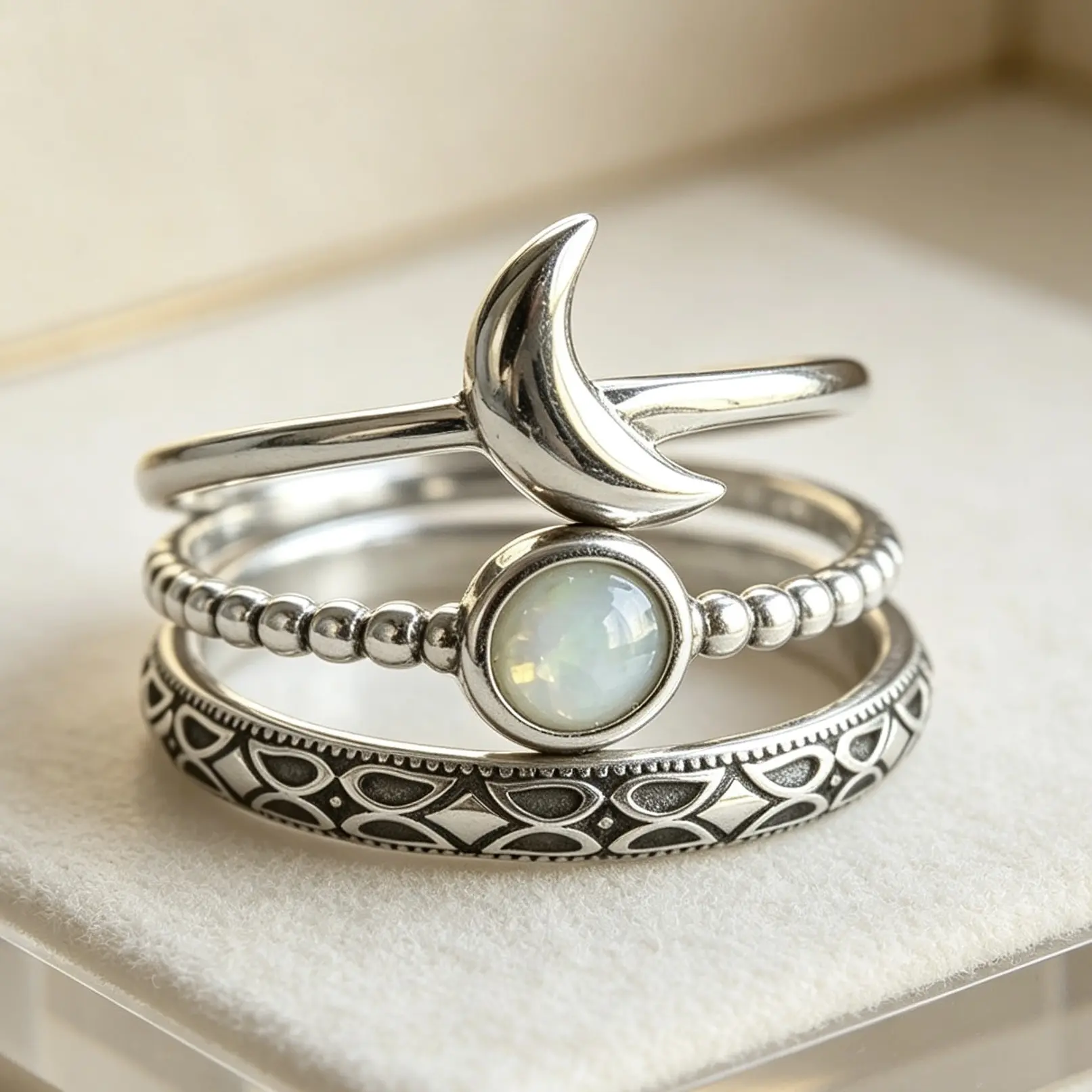 Hot-selling vintage-style moon-themed three-piece ring set for women