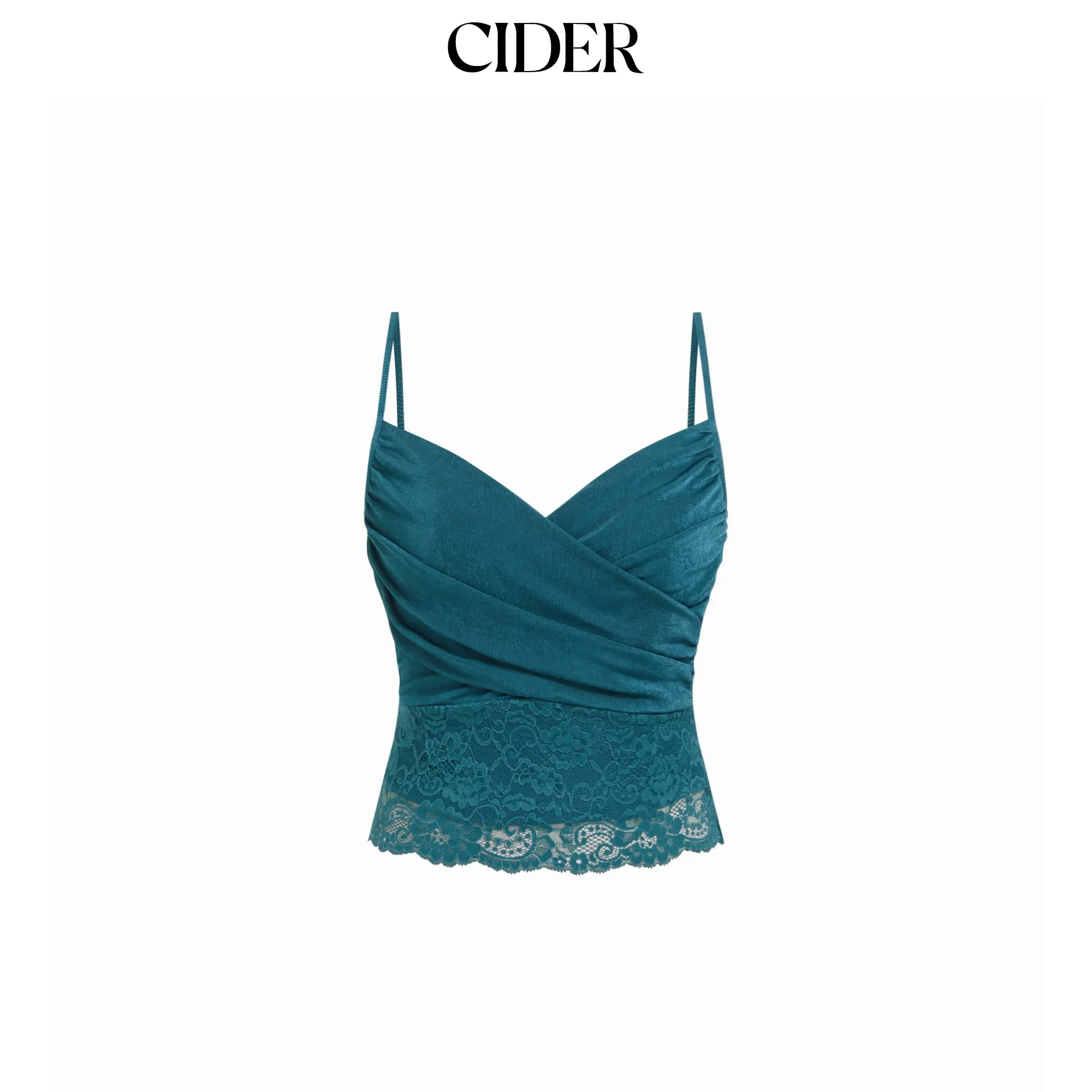 Cider High Stretch Sweetheart Neck Ruched Lace Panel Cami Top