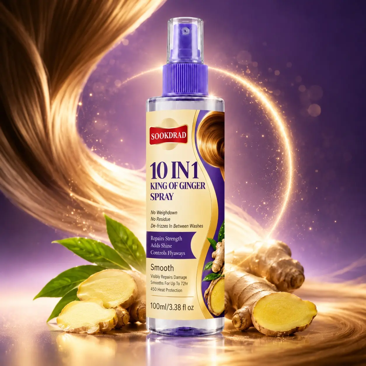 10 IN 1 KING OF GINGER SPRAY, ginger, no weigh down, no residue, de-frizz between washes, repair strength, add shine, control flyaways, smooth, visibly repair damage, smooth up to 72 hours, 450 heat
