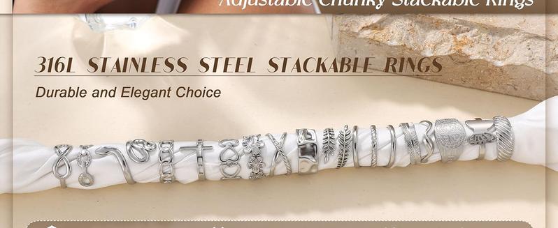 LOLIAS 16Pcs Stainless Steel Rings for Women Chunky Silver Rings Non Tarnish Stackable Ring Open Adjustable Thumb Finger Statement Rings Set LOLIAS 16Pcs Stainless Steel Rings for Women Chunky Silver Rings Non Tarnish Stackable Ring Open Adjustable Thumb Finger Statement Rings Set