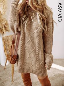 women's solid textured drop shoulder sweater dress, casual long sleeve round neck jumper dress for fall & winter, women's knitwear for daily wear