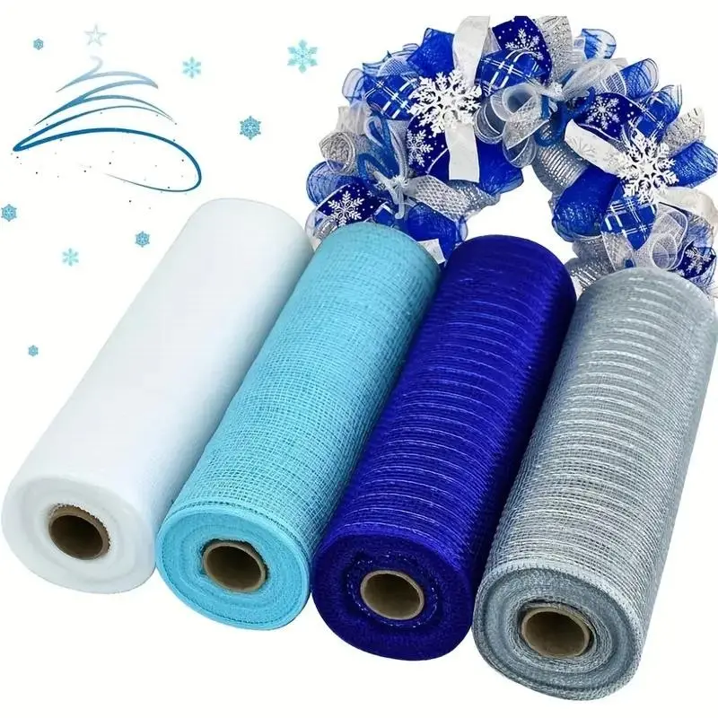 Christmas 4 Rolls of 10-Inch Silver Color Foil Decorative Mesh Ribbon, Wreath Supplies, Front Door Wreath, Tree Decoration