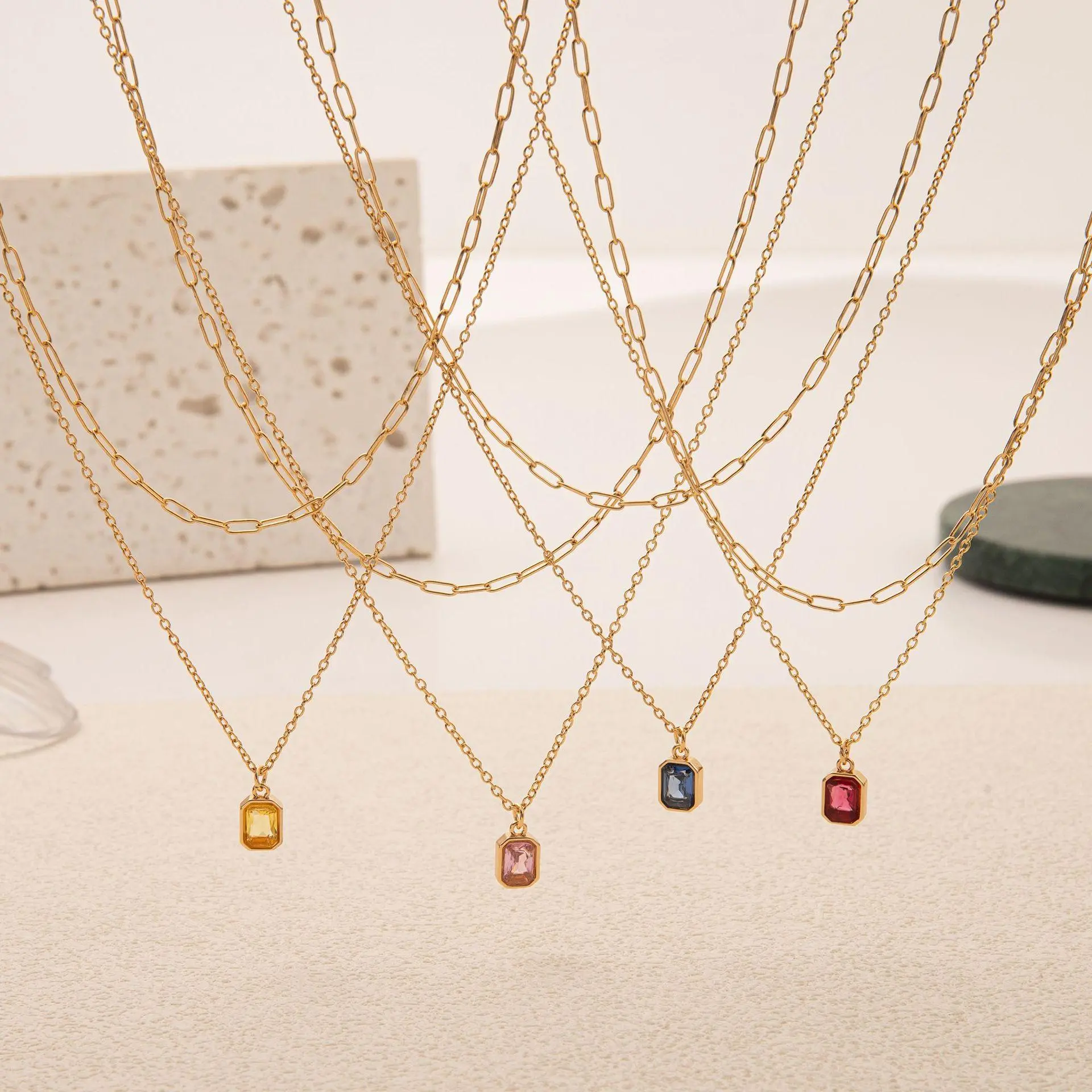 Dainty Golden Charm Necklaces Set for Women Non Tarnish, 2Pcs Trendy Blue Green Cubic Zirconia Emerald Pendant Birthstone Waterproof Necklaces Birthday Daily Vacations, Party Wear, Jewelry, Holiday Gift