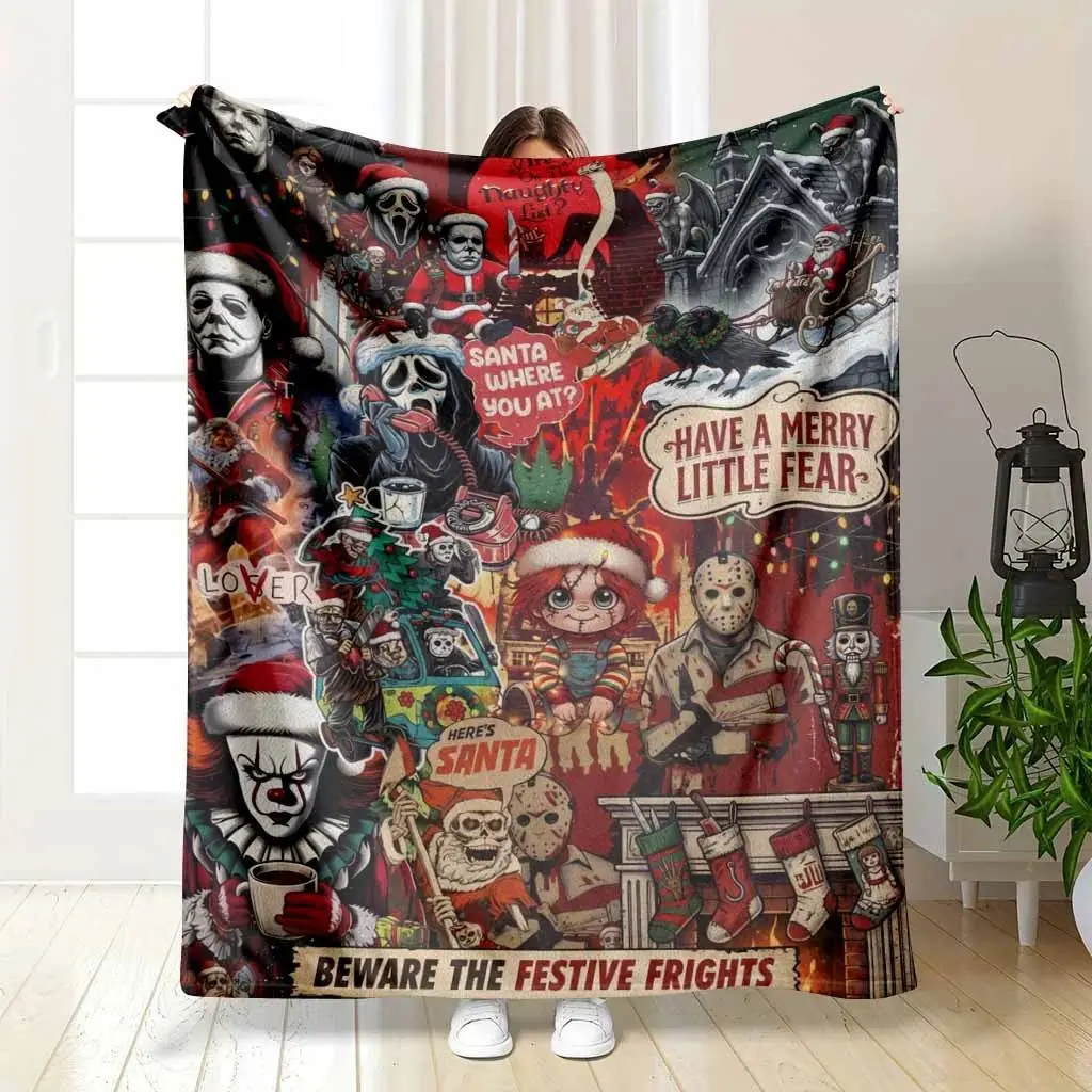 Horror Movie Characters Gothic Christmas Printed Flannel Blankets Throw Blankets Ultra Soft Lightweight Warm Bedding Bed Accessories for Holiday Living Room Sofa Couch Movie Night Gift