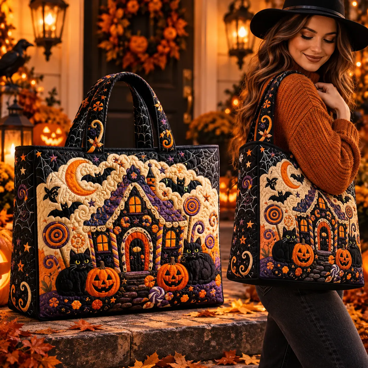 Halloween Quilted Tote Bag for Women, Haunted House Black Cat Pumpkin Handbag with Bats, Moon & Candy Design, Spooky Fall Shoulder Carryall for Shopping Travel Work, Halloween Gift for Mom Wife Friends, Seasonal Autumn Purse, Trick or Treat Tote
