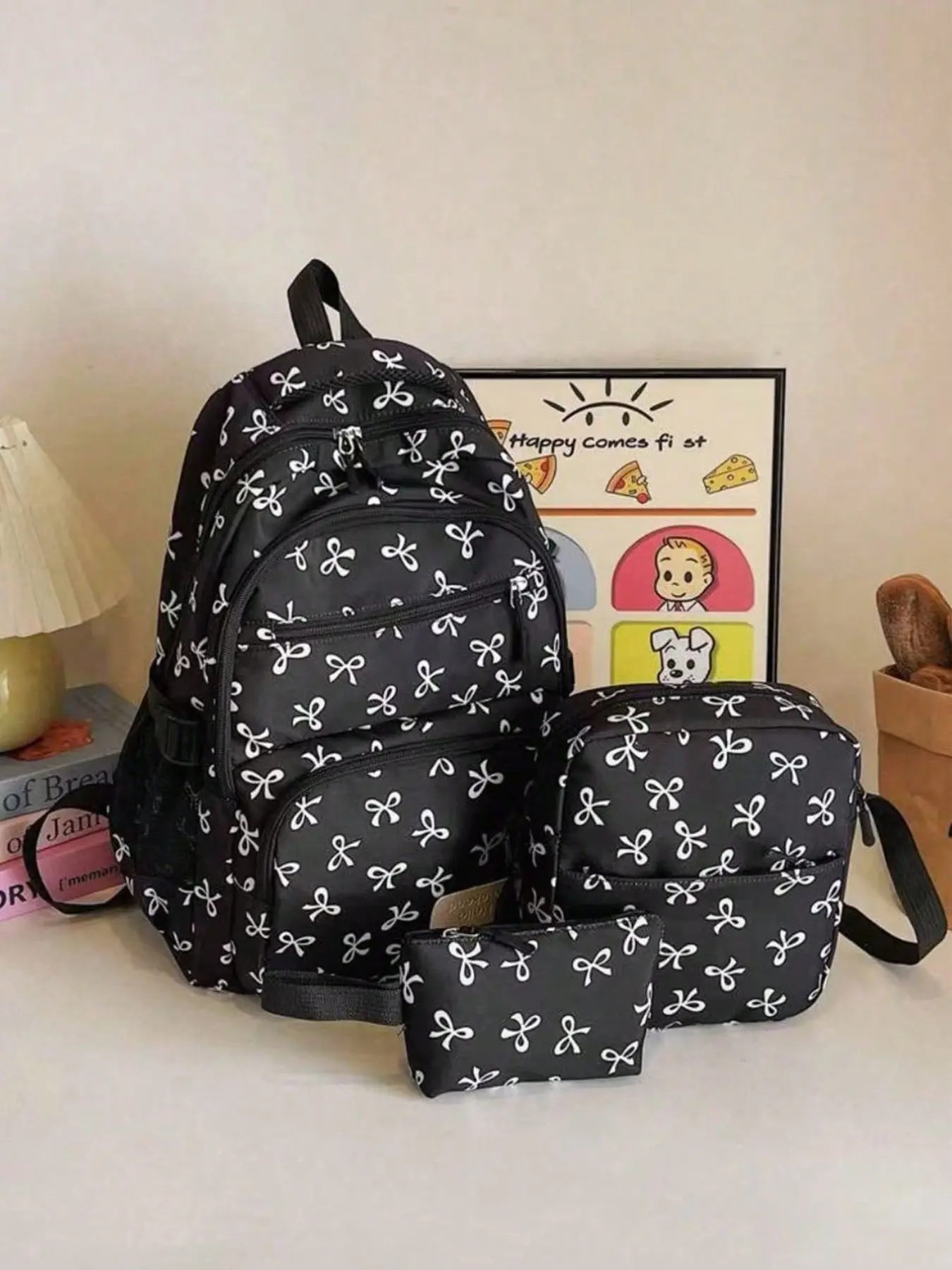 3Pcs Black White Bow Print Backpack Set Women Cute Coquette Aesthetic Large Capacity School Backpack Shoulder Crossbody Bag Pouch Wallet Casual Travel Student Daypack,Rucksack With Crossbody Bag & Coin Purse Back-to-School Essential(letters are random)