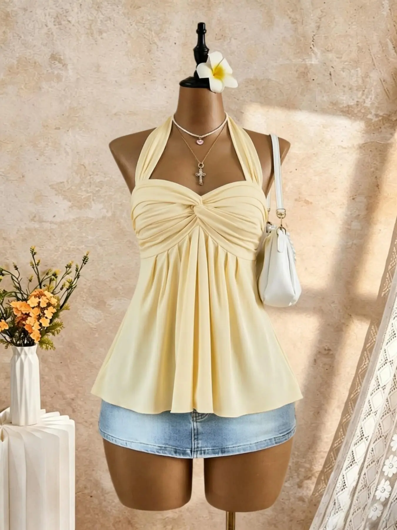 Summer Pure Color Halter Neck Knot Pleated Ruffle Back Vest, Waist Cinch Slimming Vacation Women's Sleeveless Top, Elegant, Feminine and Chic