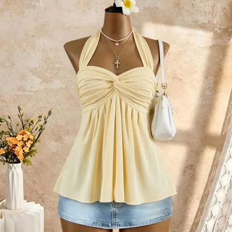Summer Solid Color Halter Neck Knot Pleated Bow Back Top, Waist Cinched Slimming Women's Vacation Backless Sleeveless Top, Elegant & Chic