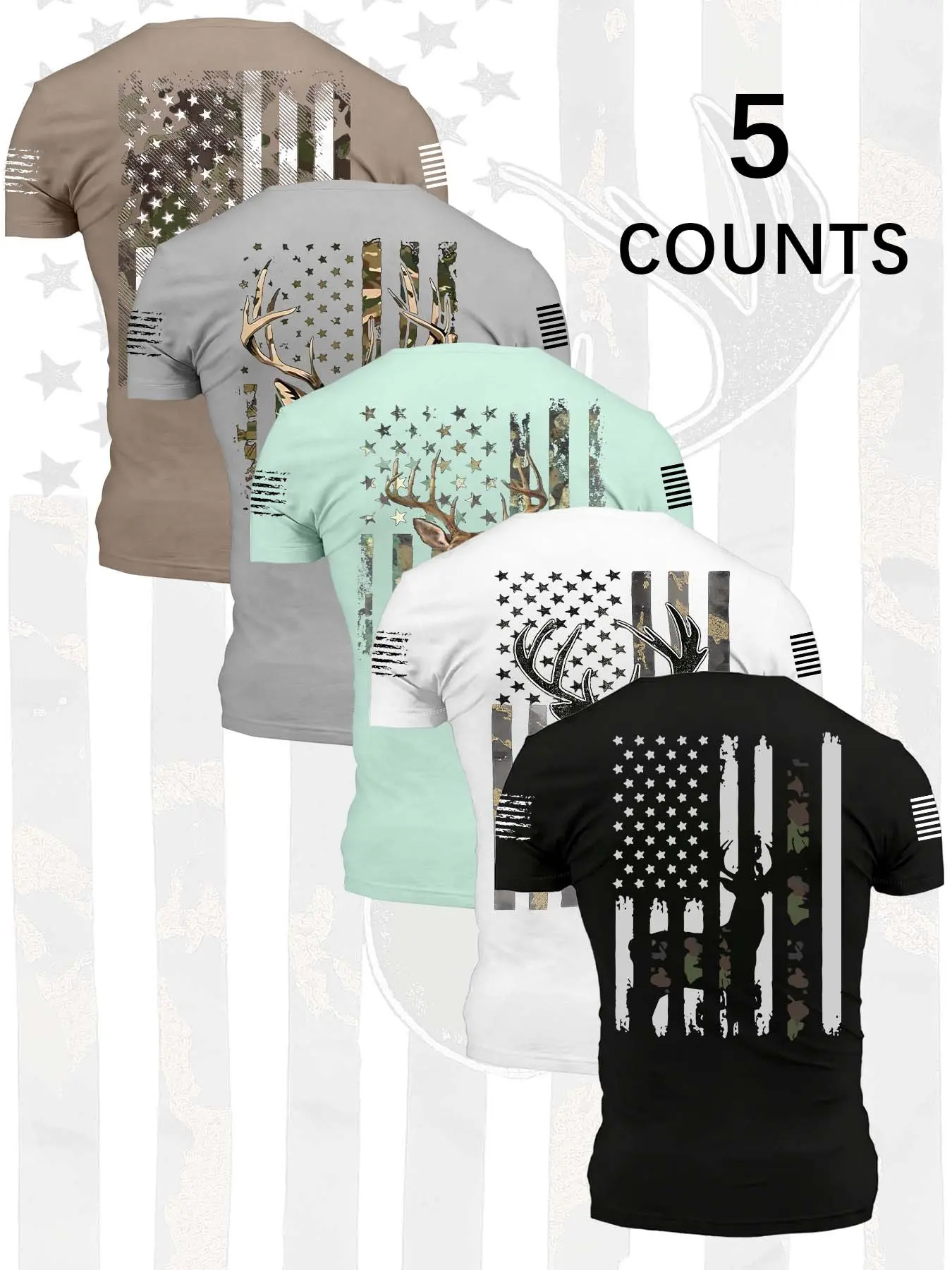 Men's Casual Round Neck Short Sleeve T-Shirt Set, Vintage Deer American Flag Pattern, Breathable Street Style, Four Seasons Wear