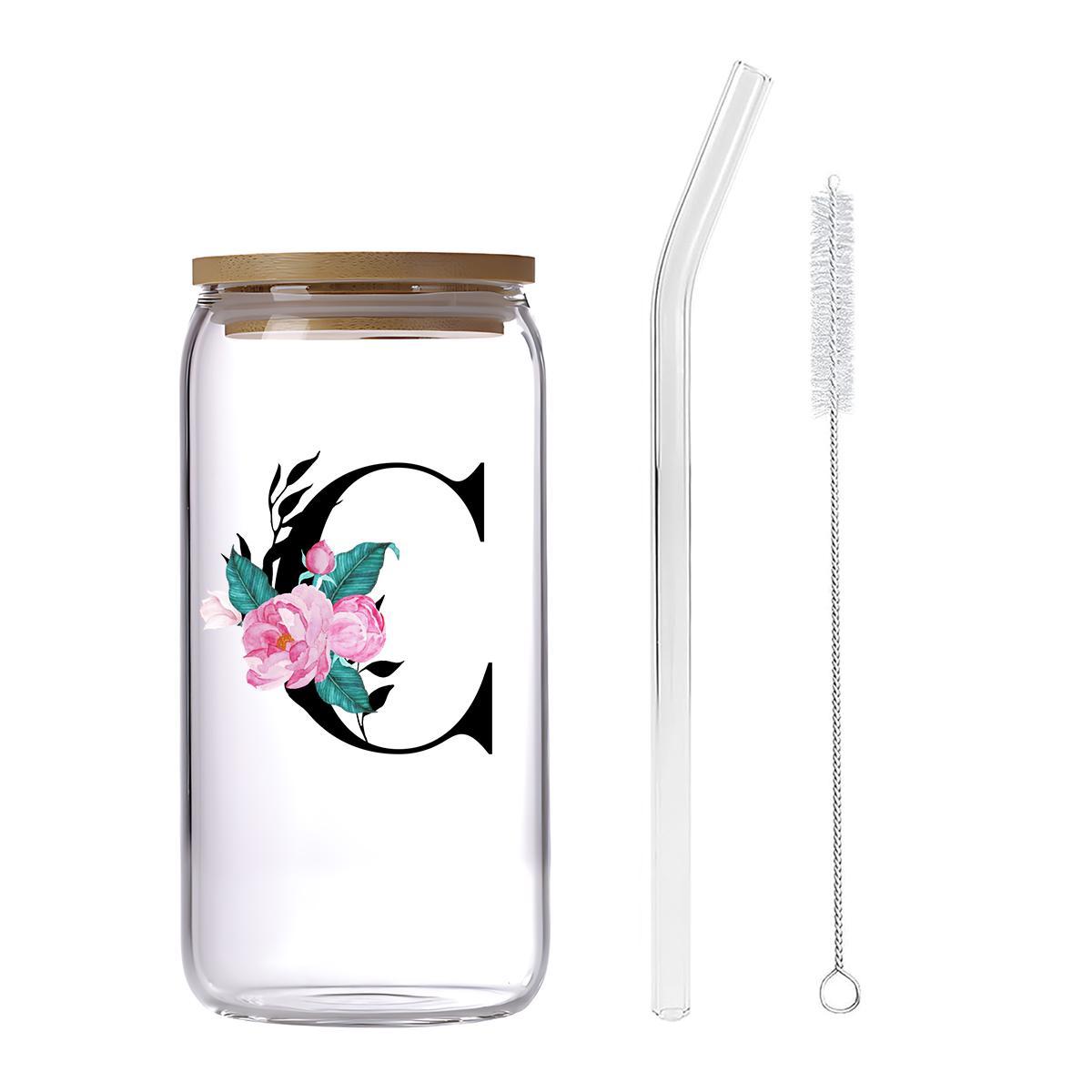 Letter & Flower Pattern Glass Cup with Straw & Brush, 1 Count 16oz Glass Cup, Drinking Cup for Home Office, Stylish Drinkware, Gift for Friend & Family