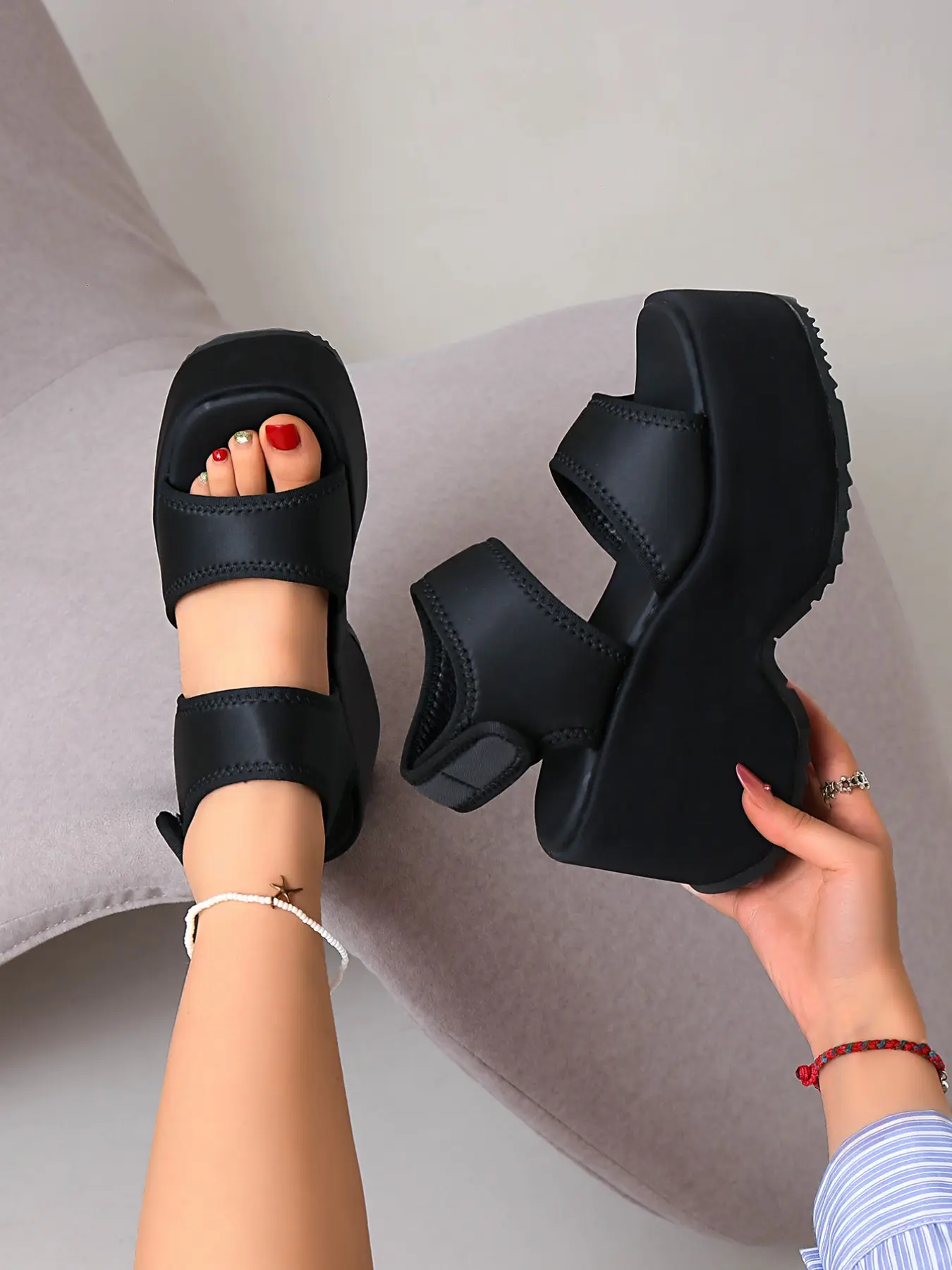 Vintage Thick Sole Sandals for Women, Waterproof High Heel Shoes with Buckle Strap, Summer New Fashion, Textile Upper, Rubber Sole, Chunky Sole Sandals, Fashionable Heeled Sandals