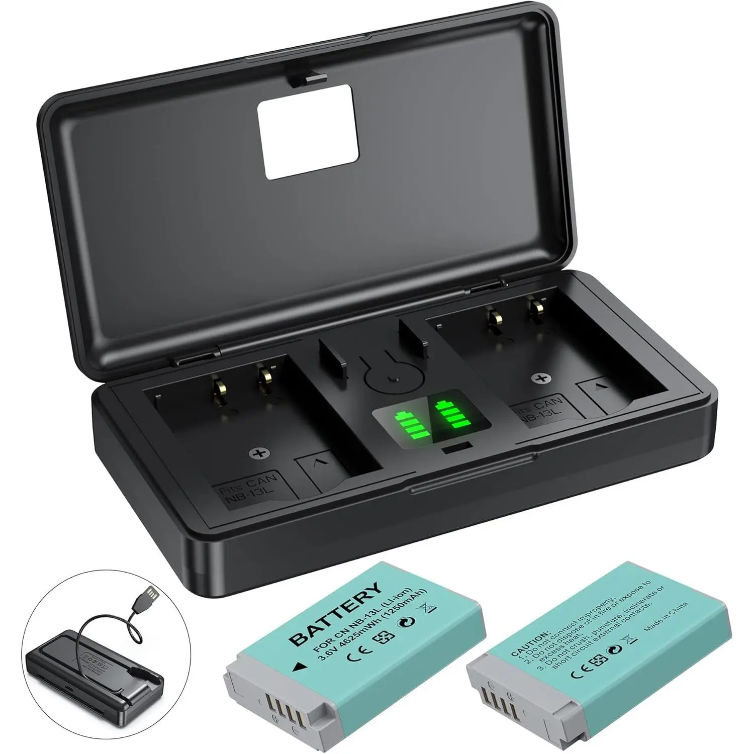 NB-13L Battery 2-Pack and Charger Set, Rechargeable Dual Battery Case| Camera Accessories for Canon G9X,G5X,G1X G7X Mark II/III,SX620/SX720/SX730/SX740 HS, EOS M10/M100/M6, Cable, Protection