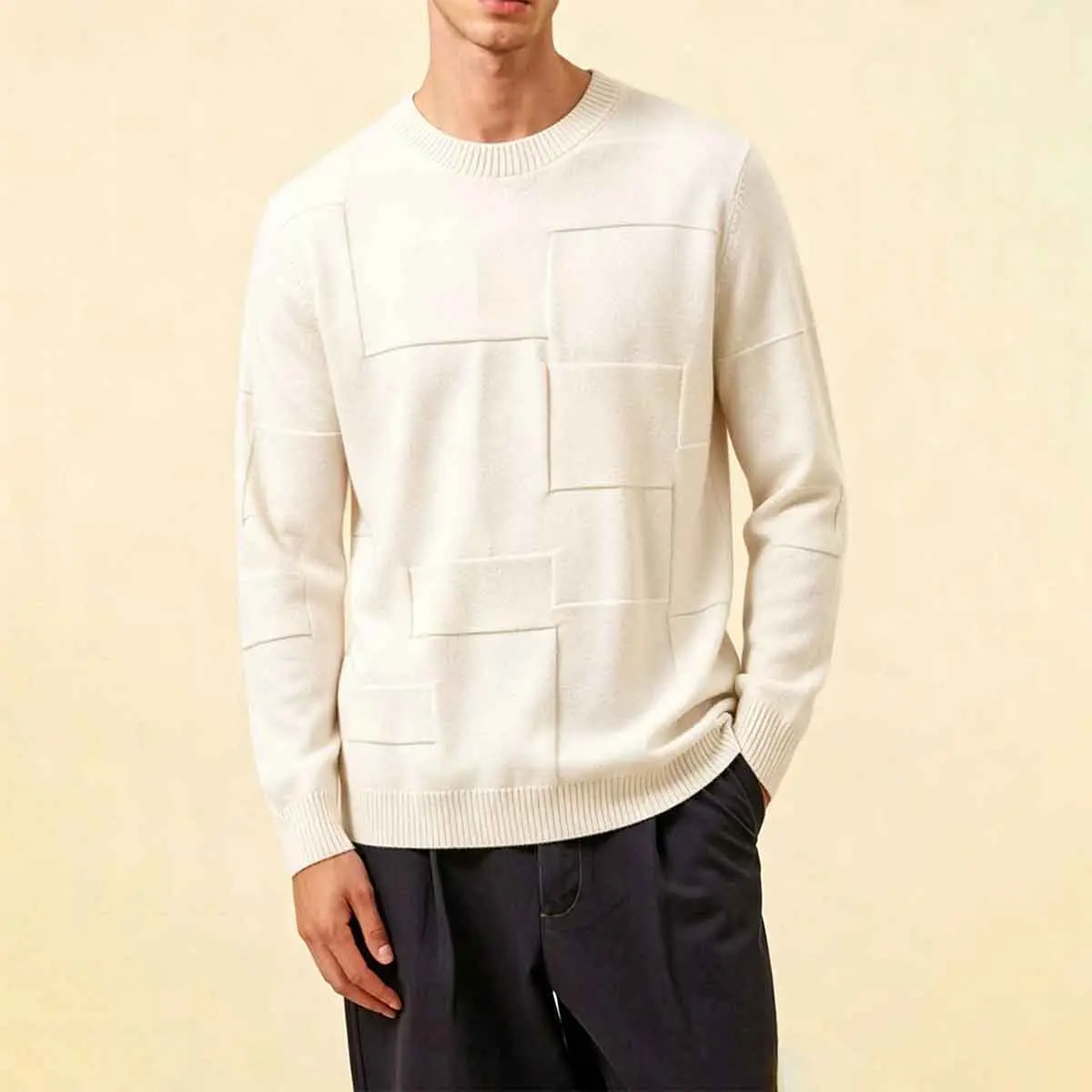 Men's Plain Knitwear Sweater with Textured Geometric Blocks, Casual Round Neck Long Sleeve Top for Office and Streetwear Menswear, Tops, Acrylic Blend