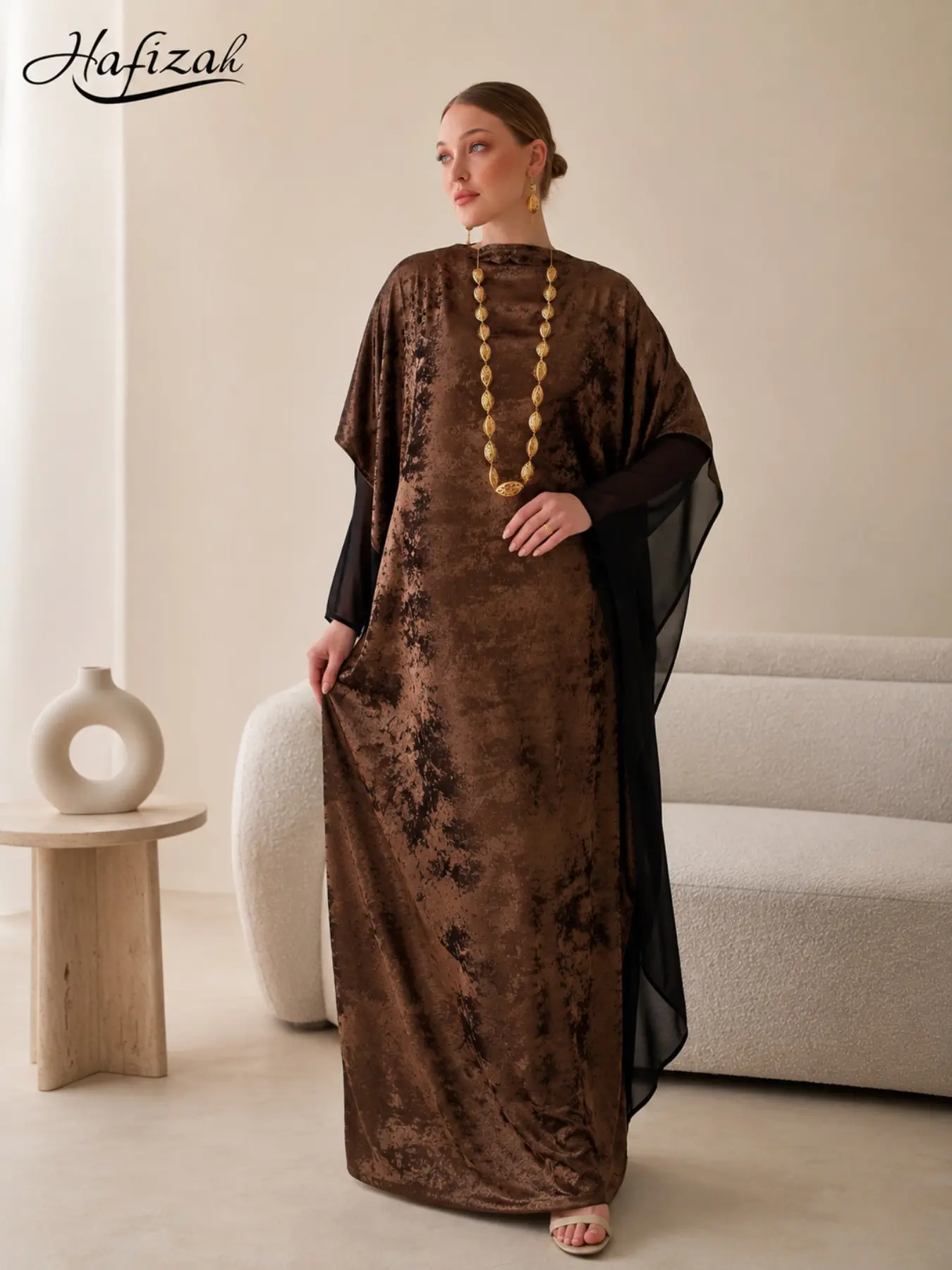 Women's Coffee Color Velvet Muslim Long Dress, Loose Batwing Sleeve Chiffon Patchwork Robe, Elegant Formal Gown Dress