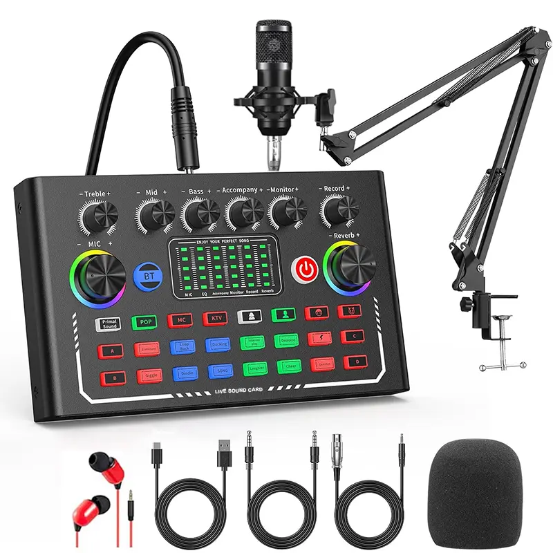 Professional sound card podcast equipment set BT connection BM-800 microphone set sound card set, Sound card kit suitable for mobile phones, computers, live equipment for music, singing, live broadcasting Live Sound Cards, Sound Card Package