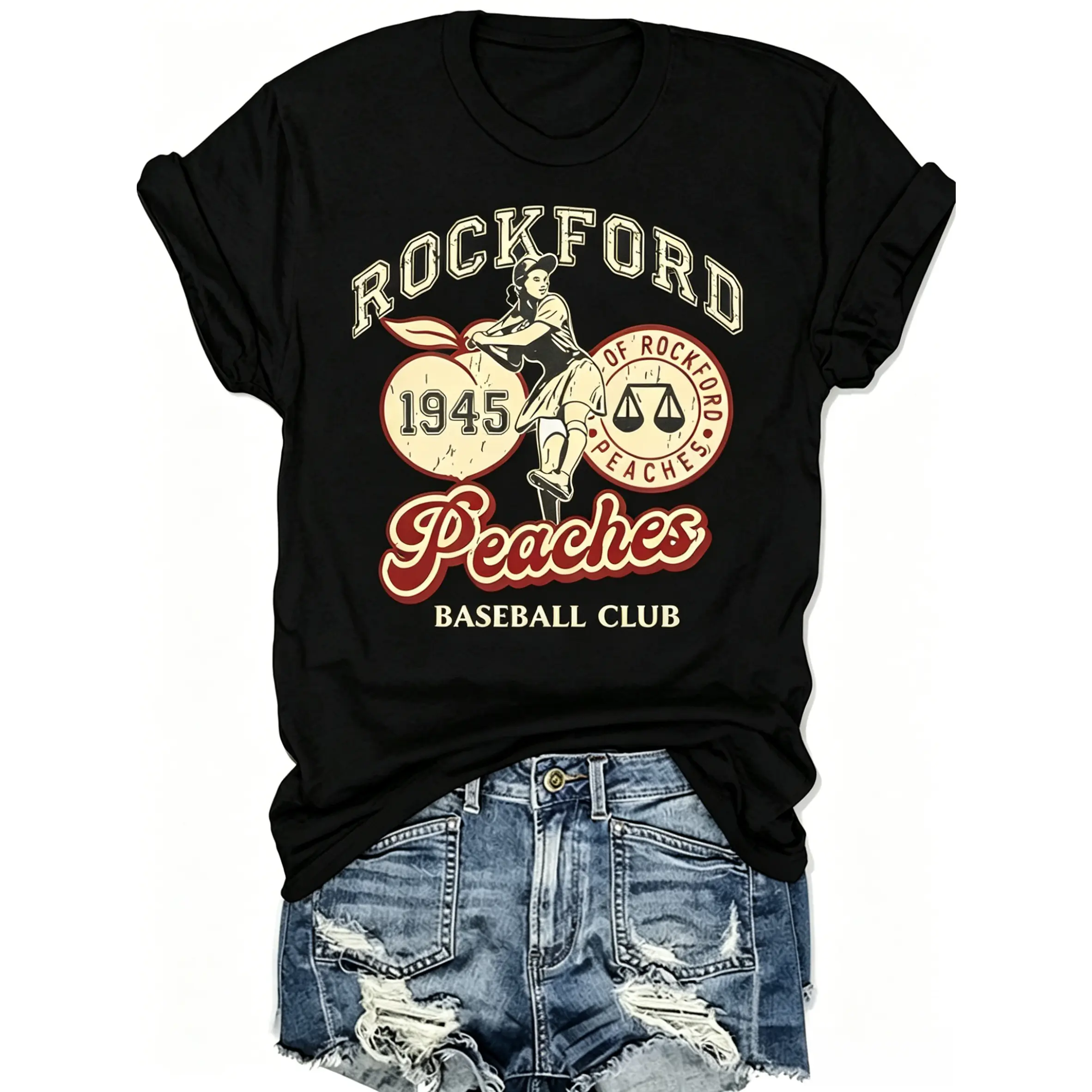 Women's Vintage Rockford Peaches Print Round Neck Shortsleeve Tshirt - 1-Piece Casual Fitted Letters Graphic Glossy Fabric Sports Top, Women's Clothes Casual Wear Summer Daily Top, Glossy Finish, Fitted Cut, Crew Neck, Short Sleeves, Graphic Tees Women