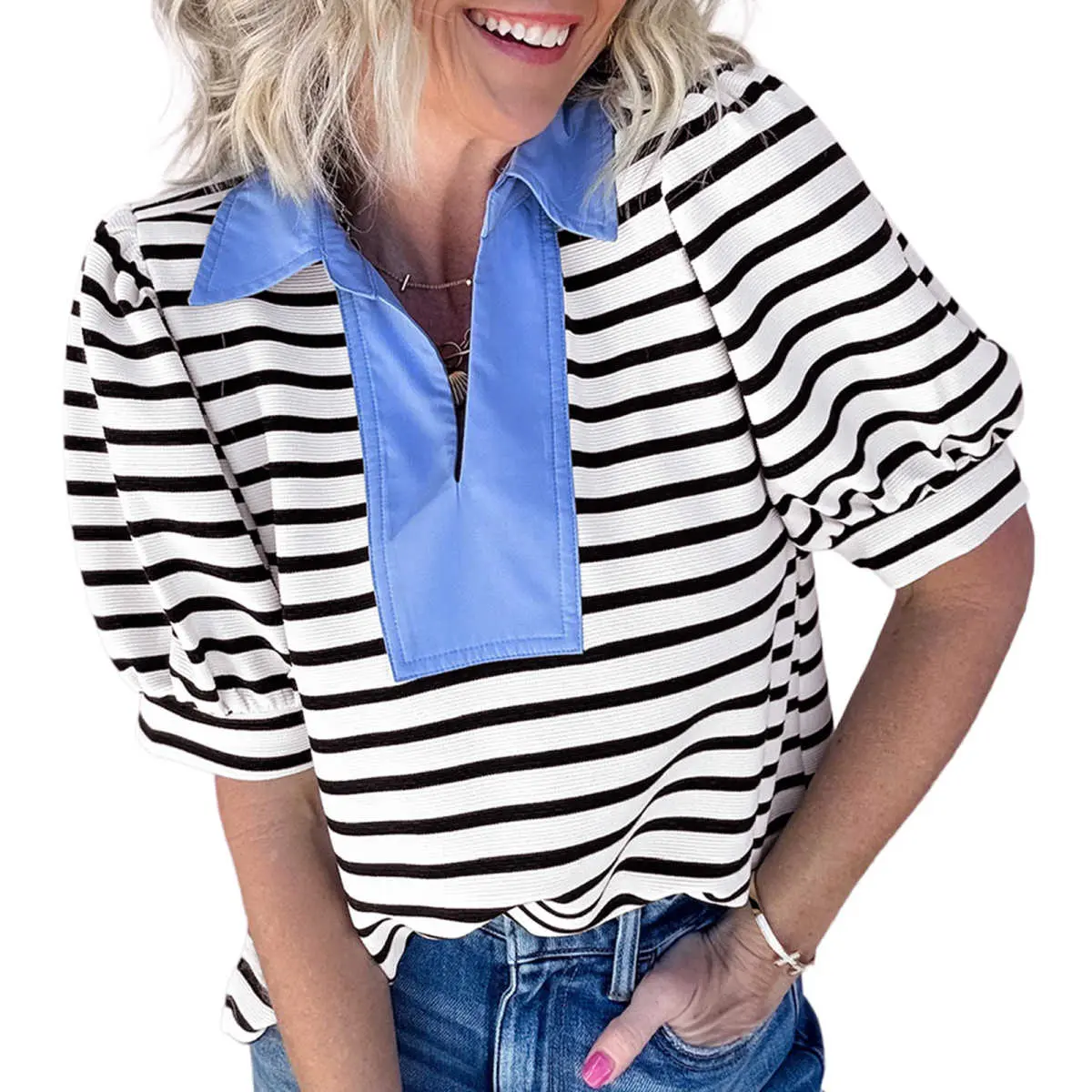 Black Stripe Short Puff Sleeve Color Block Polo Collar Blouse  crop tops women