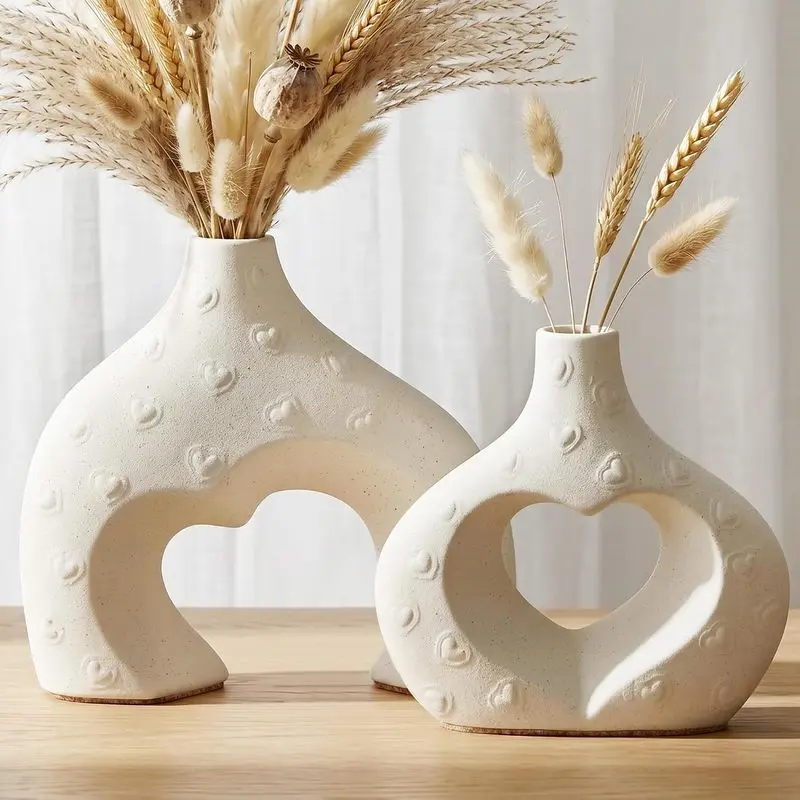White Ceramic Heart Vase Set of 2, Nordic Minimalist Decorative Flower Vases for Wedding Centerpieces, Dining Table, Living Room, Office & House Decoration