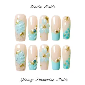 Dolla Nails 100% Handmade Long Square Press-On Nails|Fresh Style|Milky Nude Base Mint Turquoise Gradient Tip 3D Plumeria Starfish Shell Pearl Rhinestone Detail|Cool Summer Design|Salon Quality|Reusable|No Nail Damage|Perfect for Daily Wear & Vacation