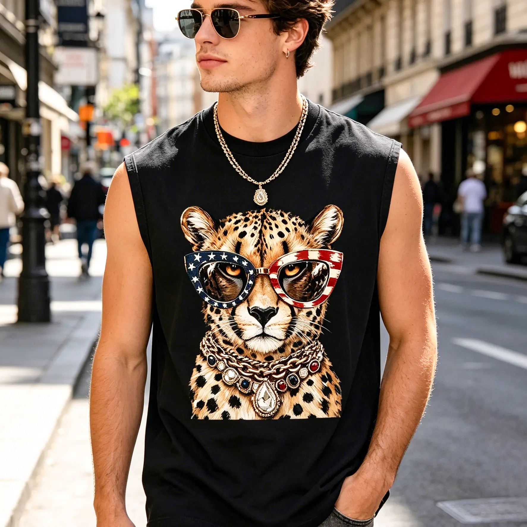 Men's Glam Leopard, Preppy Cheetah, Bling Patriotic Sublimation Design, Boujee Cheetah Print Animal 4th of July,Urban USA Summer Street Gym Gift Tank for Patriotic Street Style Guys Leopard Print Lovers Husband Independence Day Hip Hop Fashion Enthusiasts