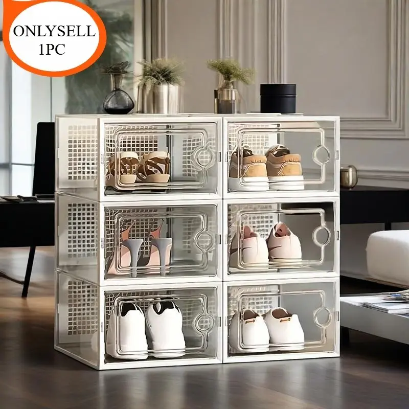 6pcs style random delivery 1pc transparent stackable plastic shoe box, magnetic closure, durable and waterproof, foldable, multi‑functional shoe storage bin Organizer