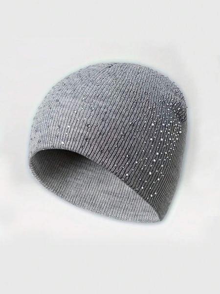 Starry Rhinestone Knitted Hat, Fitted Woven Acrylic Cap, Casual Elegant Street Style, Perfect for Autumn Winter Valentine's Day, Knit Hats