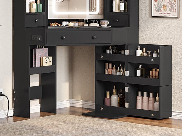 Corner Makeup Vanity Set with Upholstered Storage Stool Black Corner Makeup Vanity Set with Upholstered Storage Stool Black