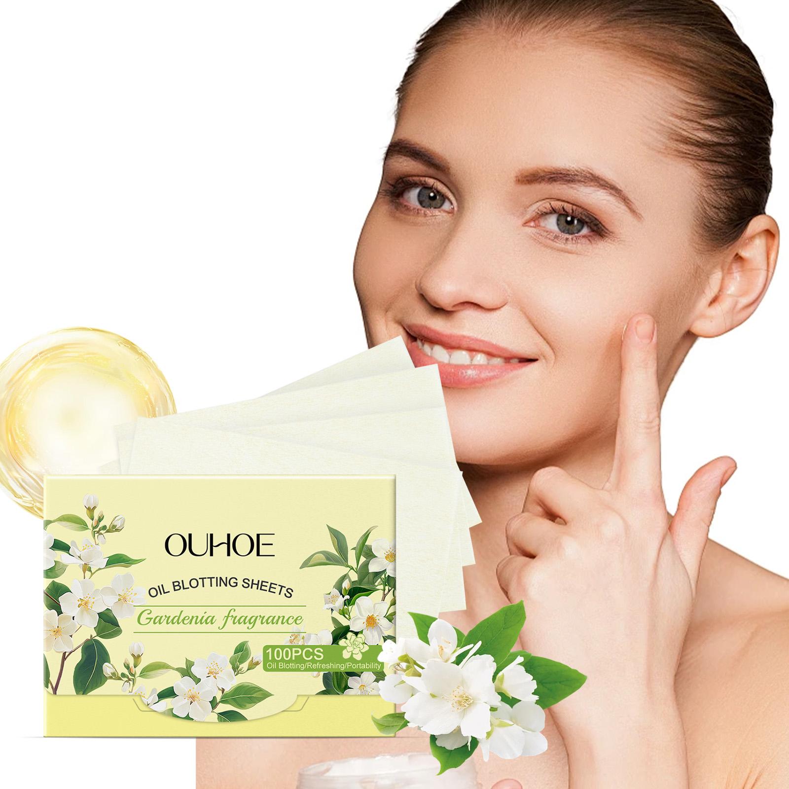 OUHOE Oil Blotting Sheets (Gardenia), Cellulose & Kaolin Dual Oil Control, Gardenia Extract Brightening + Vitamin E Antioxidant, Makeup-Friendly No Powder Removal, Soft for Oily Skin